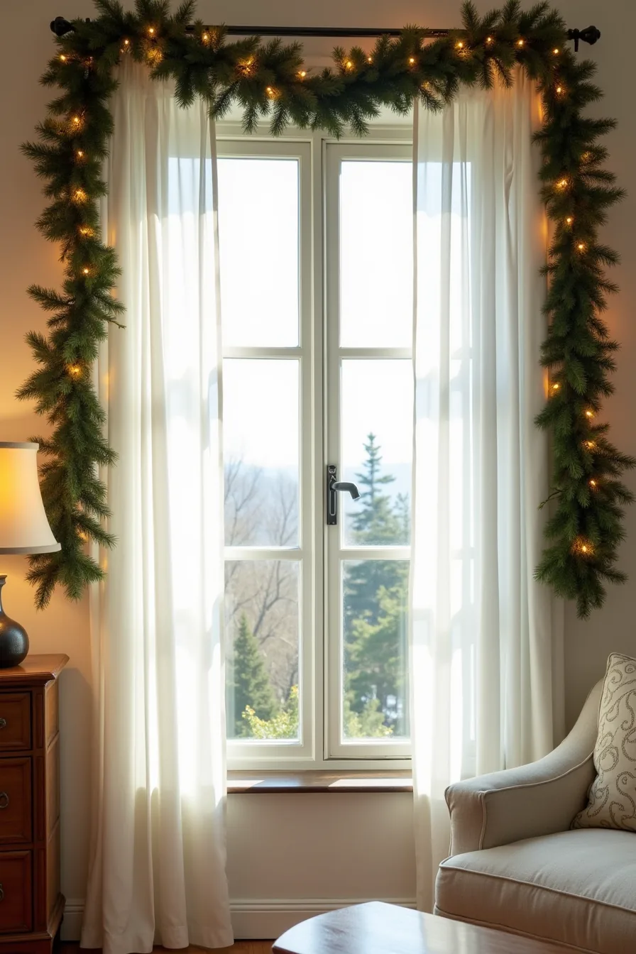 Casement window decorated with a dense pre-lit garland, warm amber lights, and visible power cord along the frame.