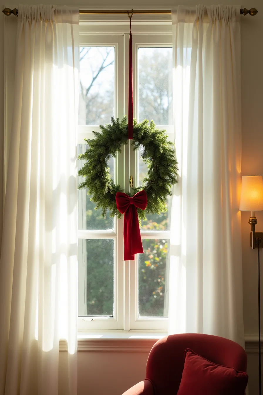 Evergreen wreath with red velvet bow hung above a picture window, viewed from outside with foliage visible through glass.