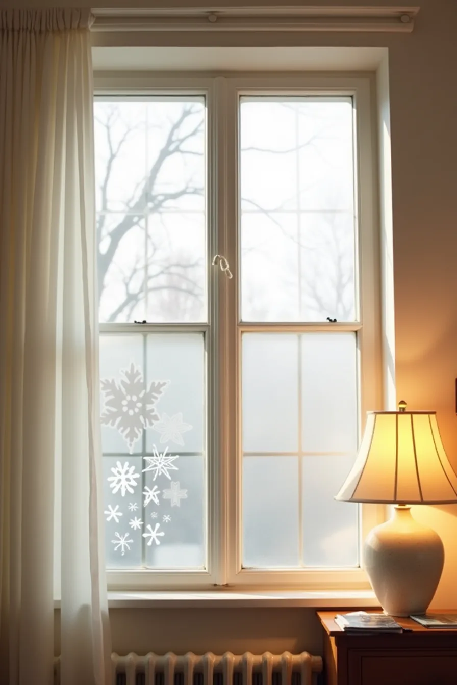 Double-hung window with frosted snowflake stencil patterns covering the lower panes and geometric cutout designs.
