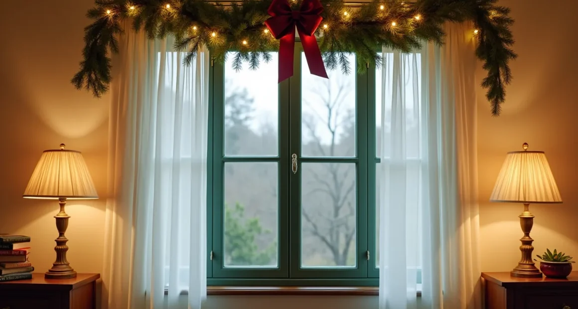 Deep green sash window with a pre-lit garland swag, warm white lights, and burgundy bow viewed from outside at dusk.