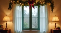 Deep green sash window with a pre-lit garland swag, warm white lights, and burgundy bow viewed from outside at dusk.