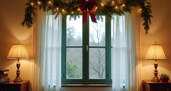 Deep green sash window with a pre-lit garland swag, warm white lights, and burgundy bow viewed from outside at dusk.