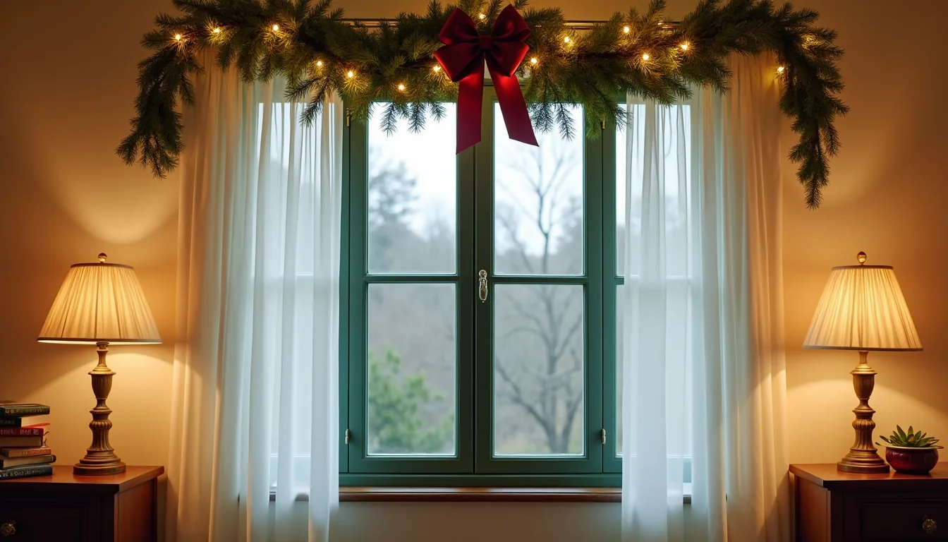 Deep green sash window with a pre-lit garland swag, warm white lights, and burgundy bow viewed from outside at dusk.