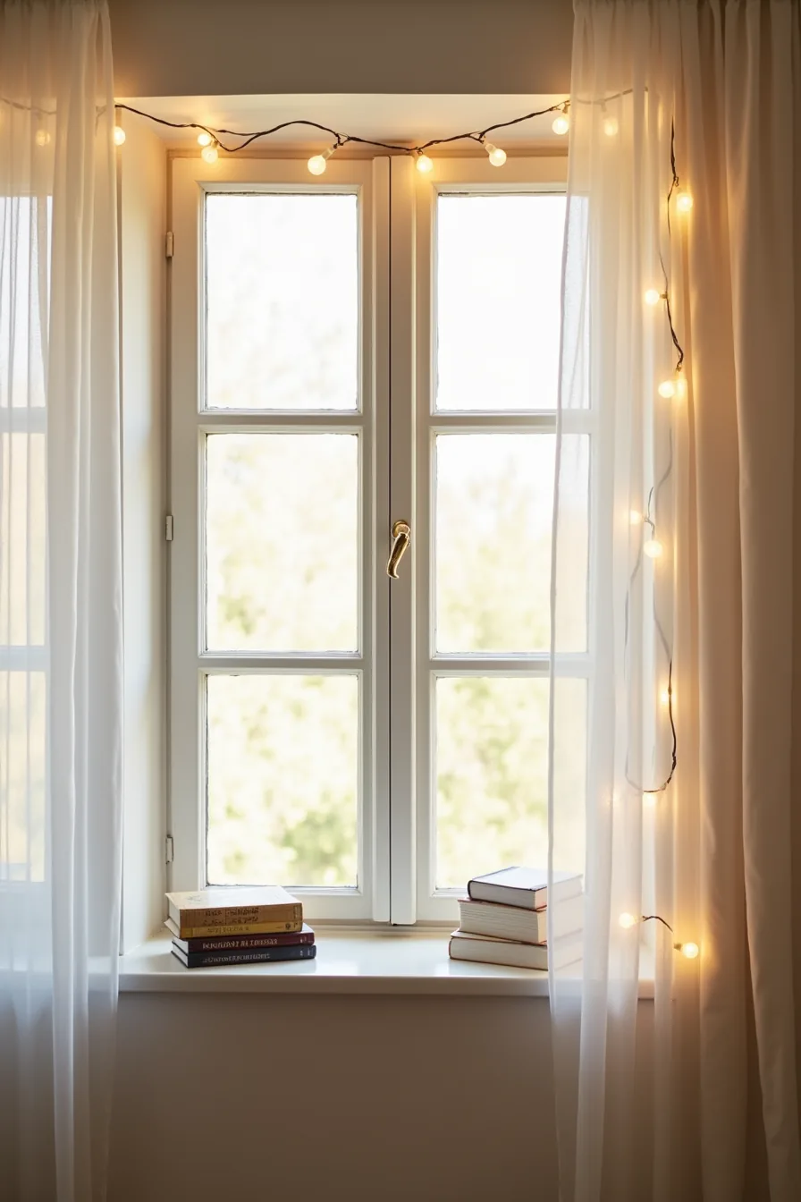 String lights arranged in a swag pattern across a bay window with the power cord visible along the frame.