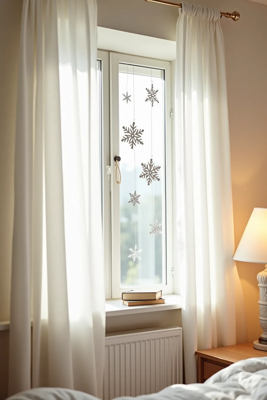 Paper snowflakes in white and silver suspended by fishing line at different depths in front of a bedroom window.