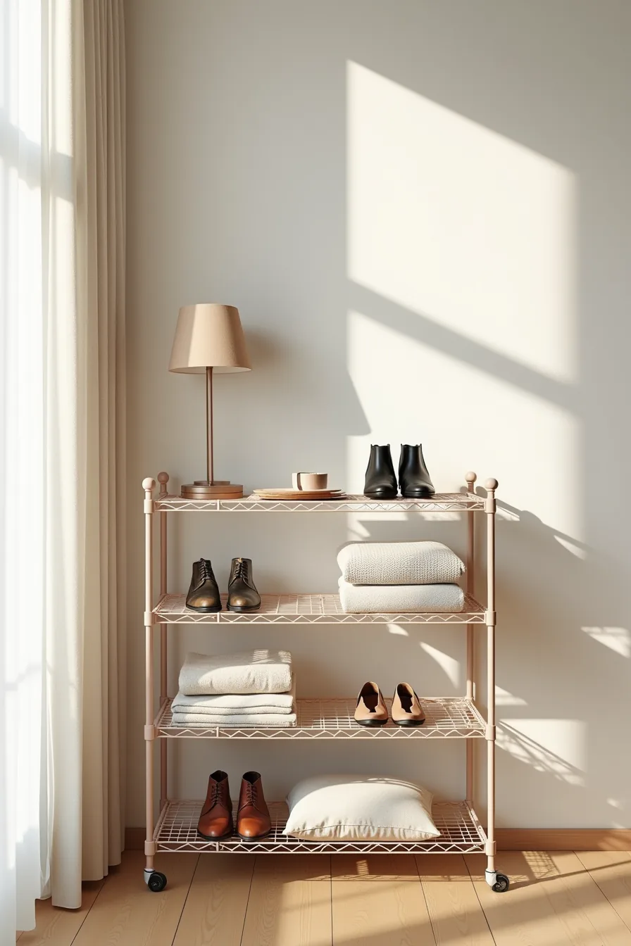 Five-shelf modular wire unit with adjustable heights storing shoes and folded textiles.