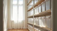 Wire closet shelves from floor to ceiling filled with clear plastic bins organized by category.