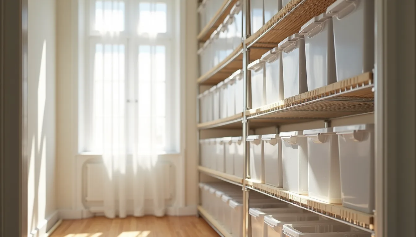 Wire closet shelves from floor to ceiling filled with clear plastic bins organized by category.