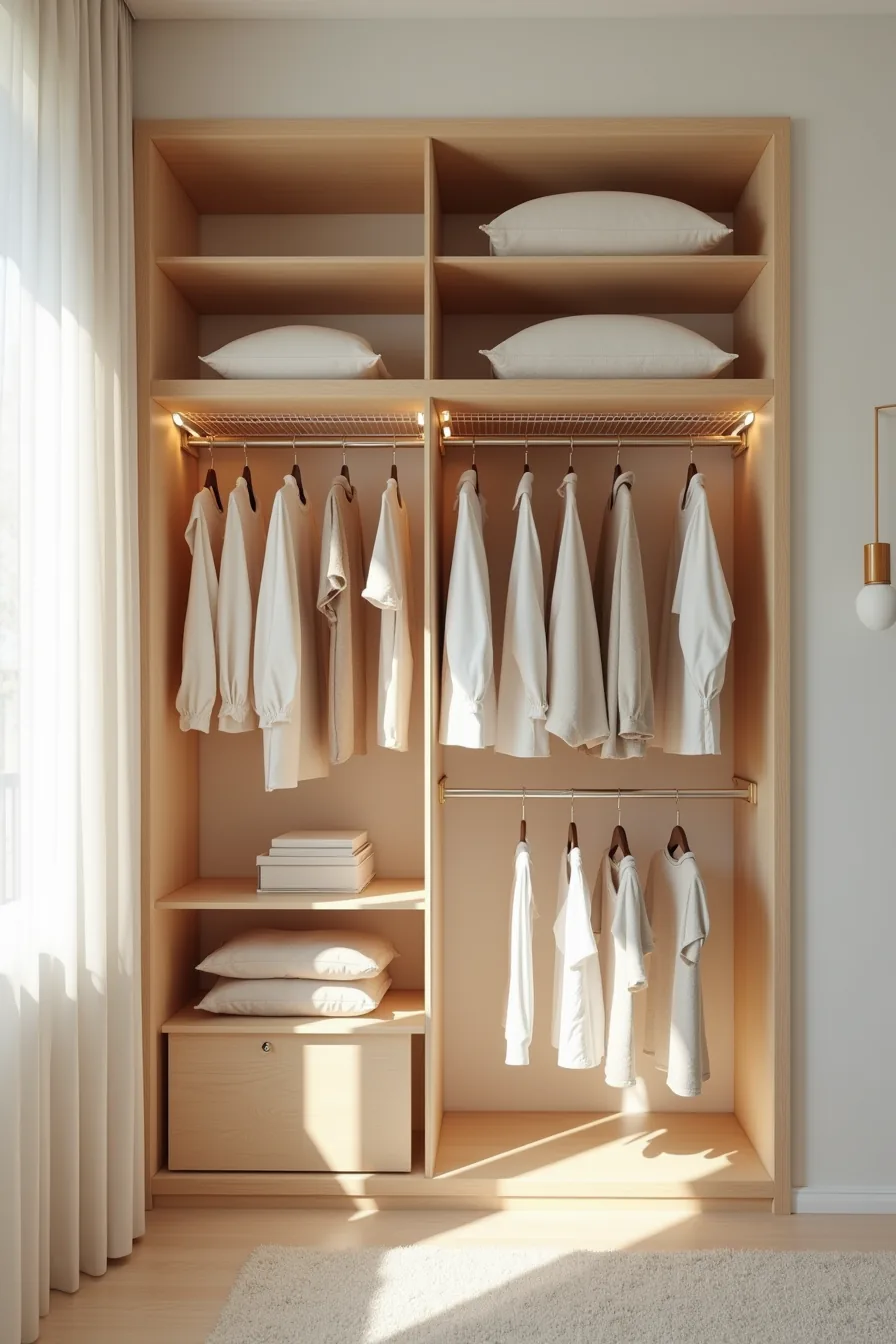 Three hanging rods at different heights in a closet displaying garments arranged by color.