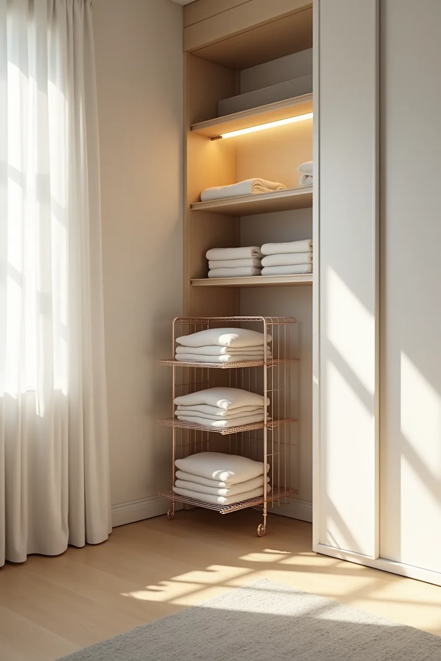 Rotating wire carousel in a closet corner with multiple tiers of folded garments.