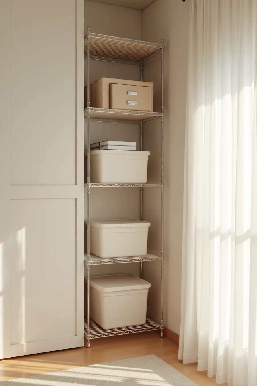 Four wire shelves in a closet corner stacked with neutral-toned opaque storage boxes.