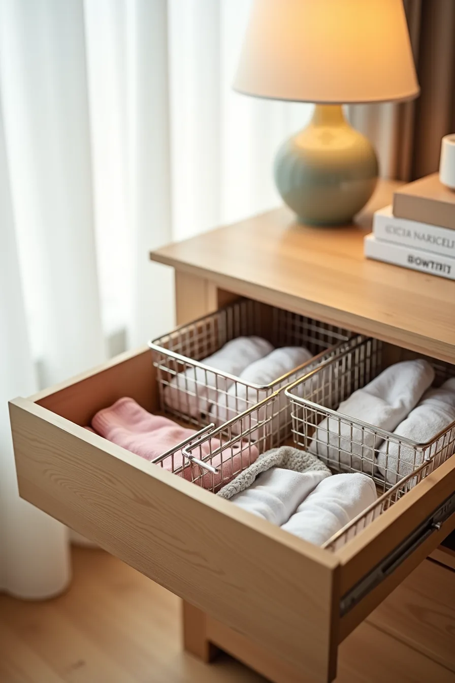 Dresser drawer with three wire baskets organizing socks, undergarments, and accessories.