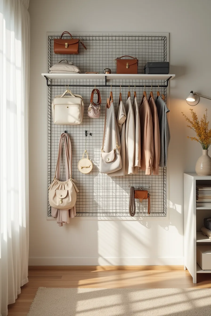 Wire pegboard wall system with hooks, baskets, and accessories organizing bags and belts.