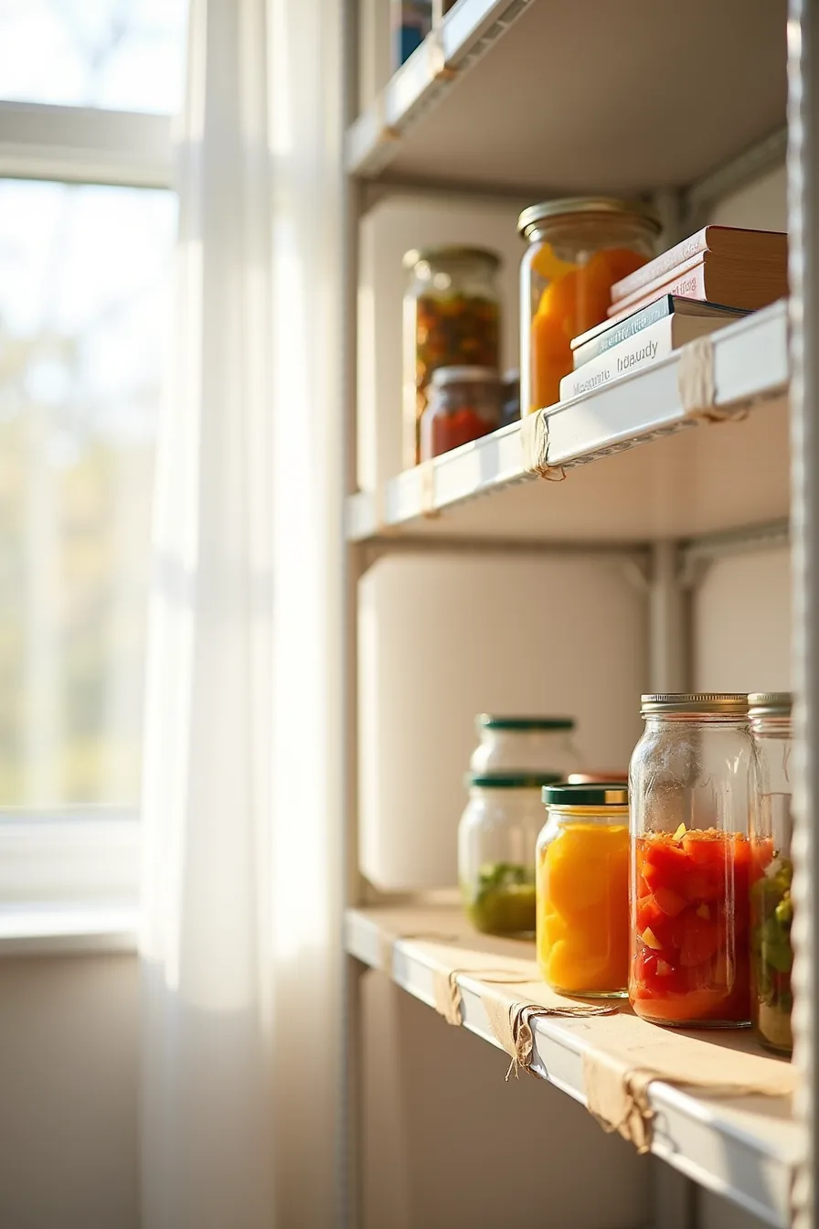 Wire shelf with beige adhesive liner supporting canned vegetables and glass jars in organized rows.