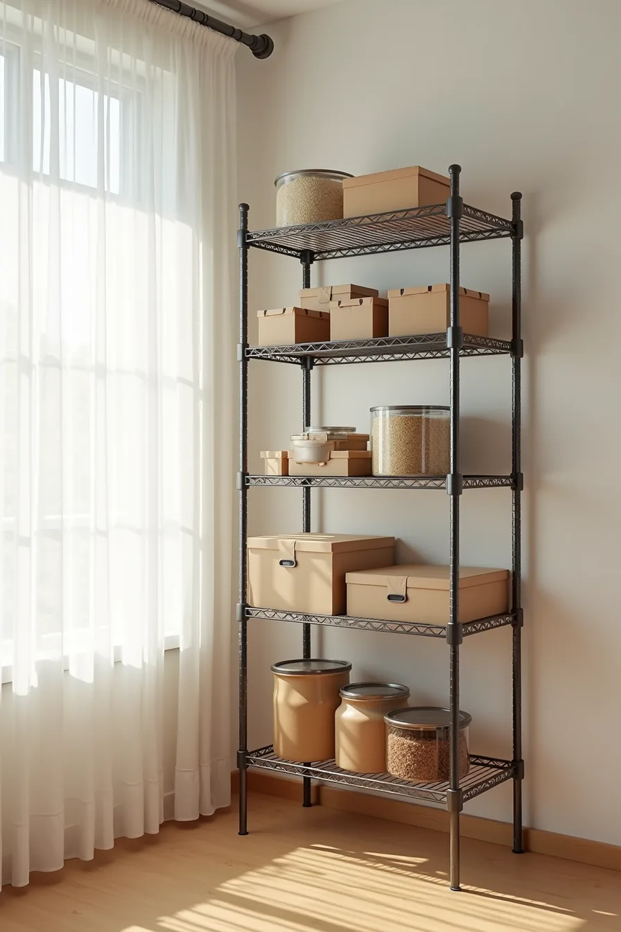 Tall five-tier wire shelving unit against a pantry wall stocked with boxes, cans, and containers.