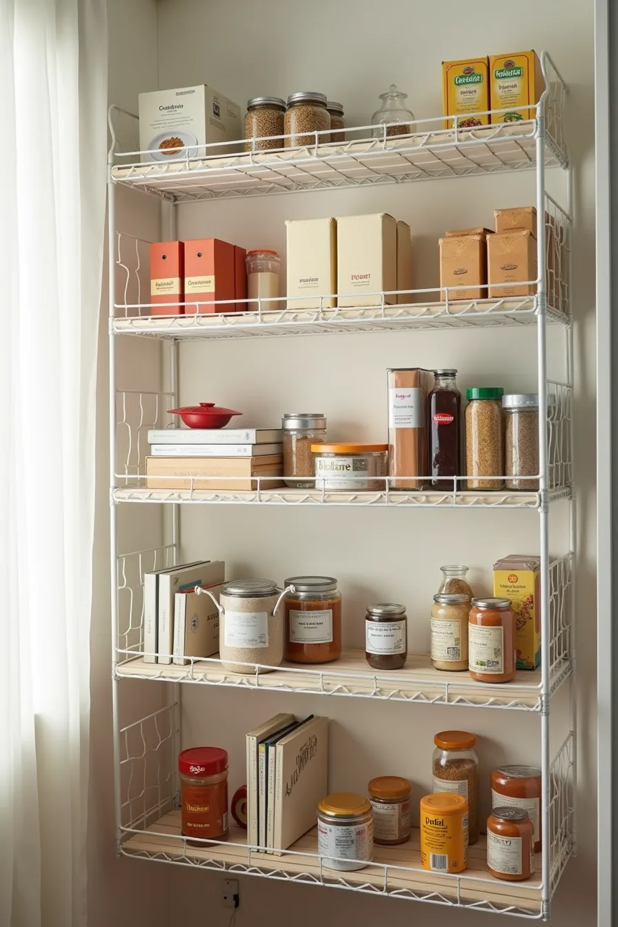 Wire shelf divided into four sections by metal dividers holding pasta, baking supplies, spices, and canned soups.