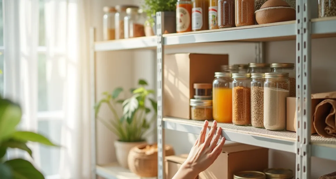Hand reaching for a non-slip mat roll on a wire shelf holding canned goods, boxes, and jars.