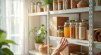 Hand reaching for a non-slip mat roll on a wire shelf holding canned goods, boxes, and jars.