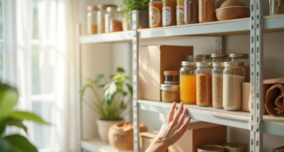 Hand reaching for a non-slip mat roll on a wire shelf holding canned goods, boxes, and jars.