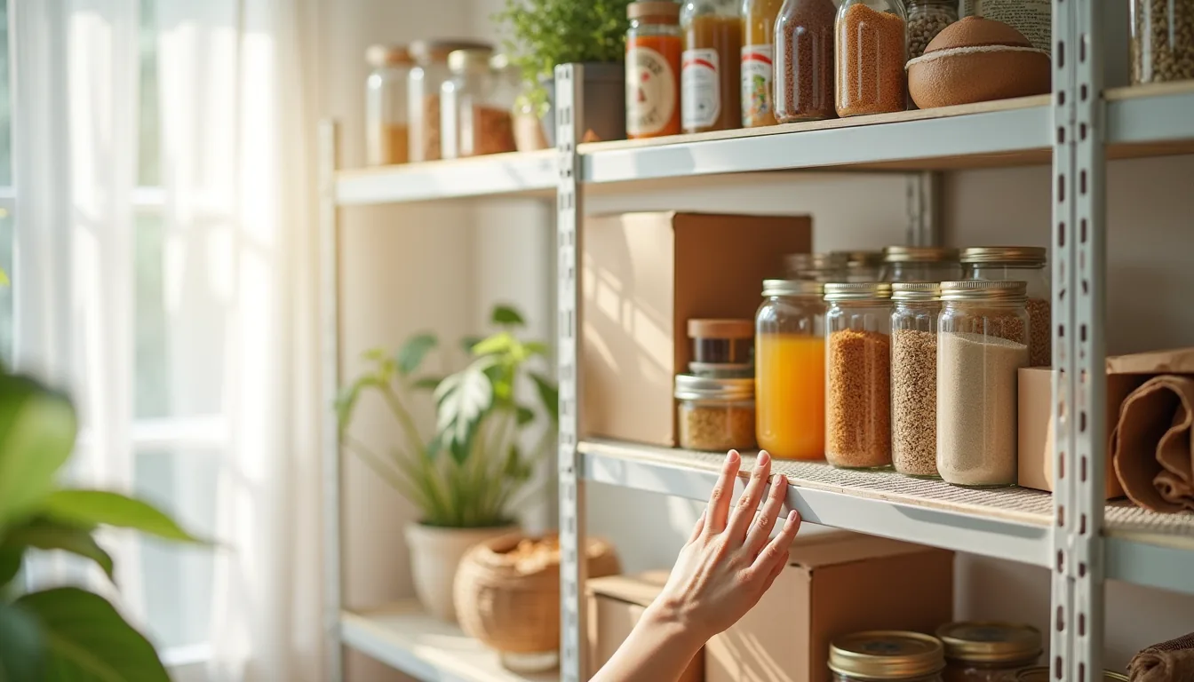 Hand reaching for a non-slip mat roll on a wire shelf holding canned goods, boxes, and jars.