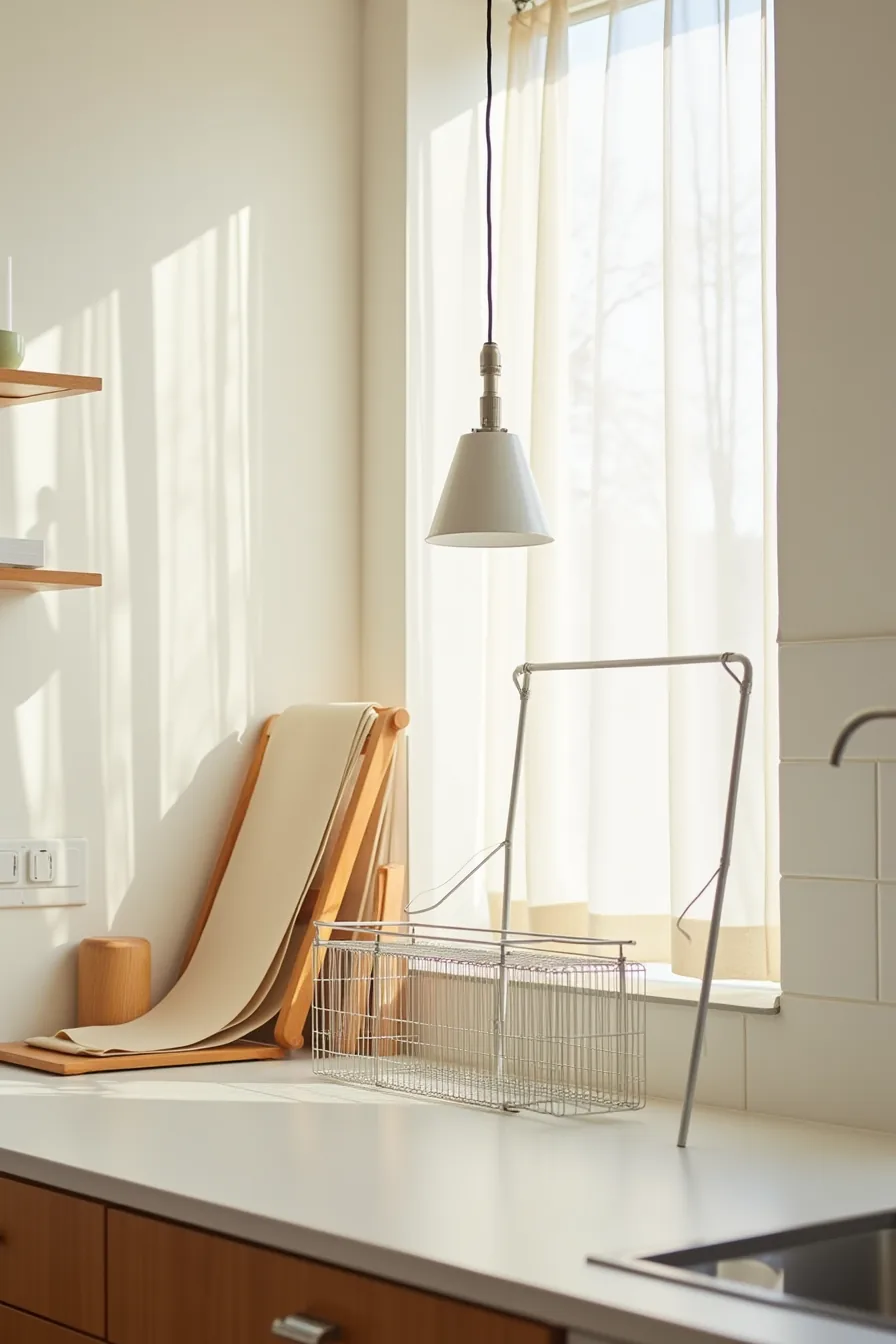 Kitchen counter displaying three wire shelving accessories: adhesive liner roll, riser, and unassembled unit frame with