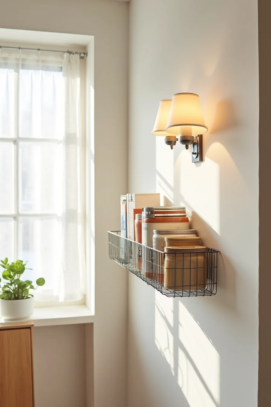 Wall-mounted wire shelf with three stacked baskets of decreasing size, one partially open showing contents.