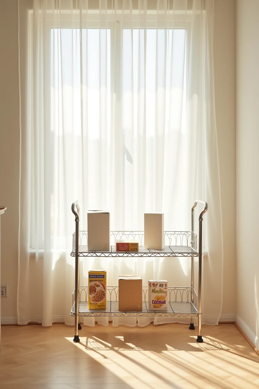 Tiered wire shelf with metal risers displaying cereal boxes below and smaller snack boxes on the upper tier.