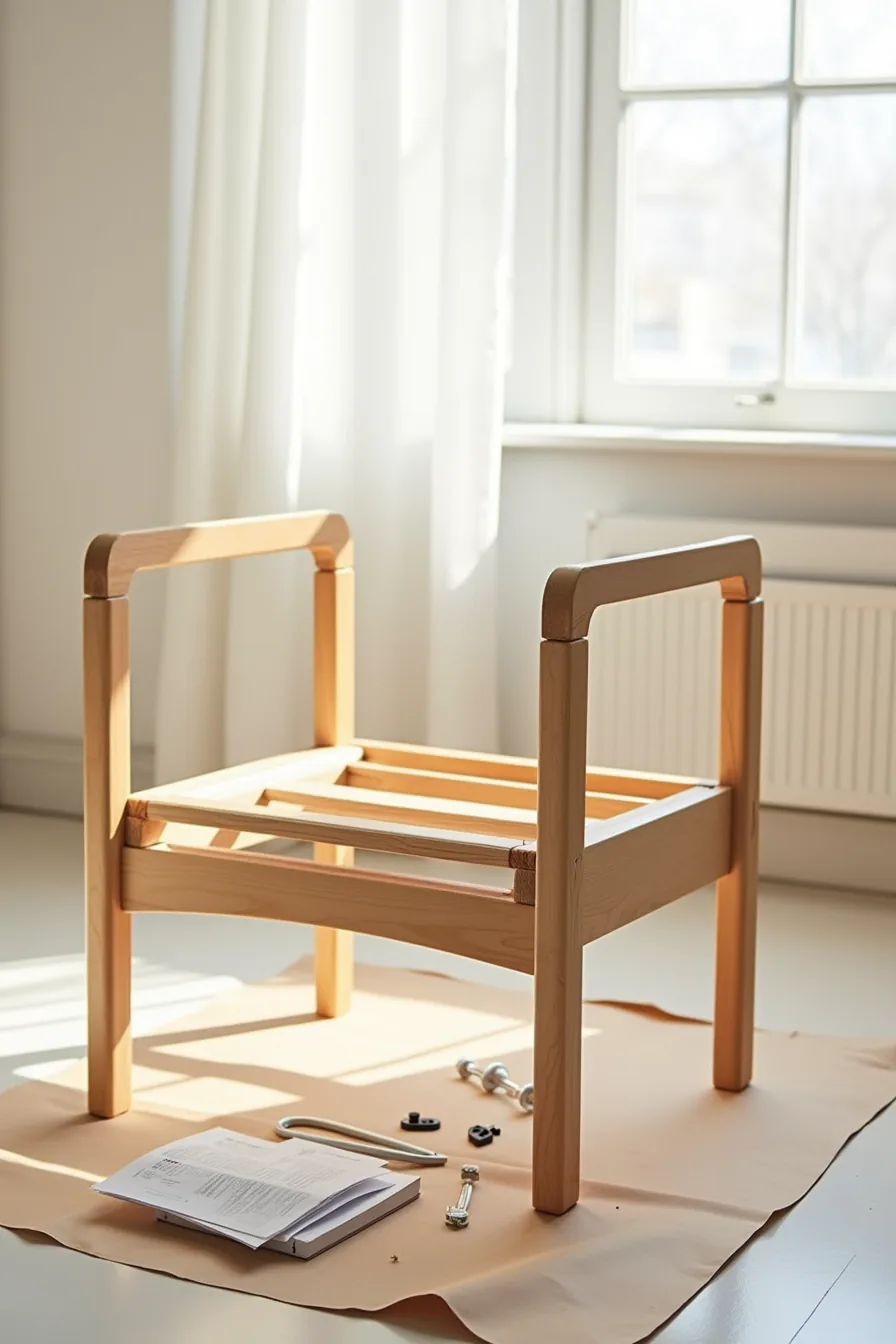 Disassembled wood accent chair parts including frame sections, legs, hardware, and instructions on kraft paper.