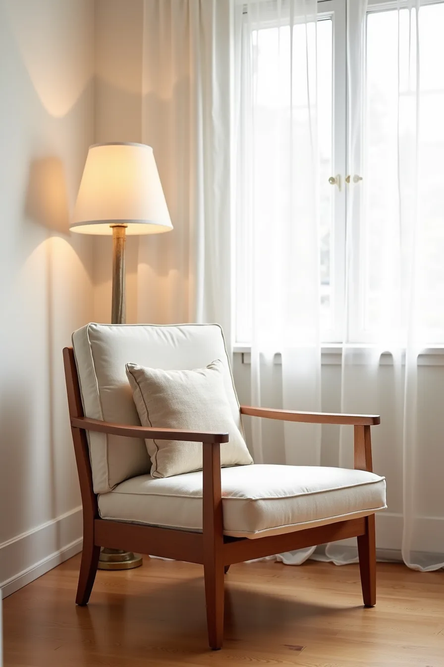 Hybrid accent chair combining cream linen upholstery with exposed cherry wood frame and a linen throw pillow.