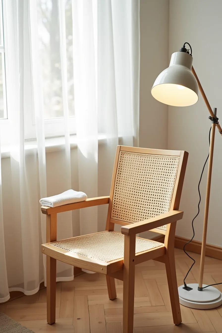 Rattan-woven seat and back detail on a natural wood frame chair with a dust cloth on the armrest.