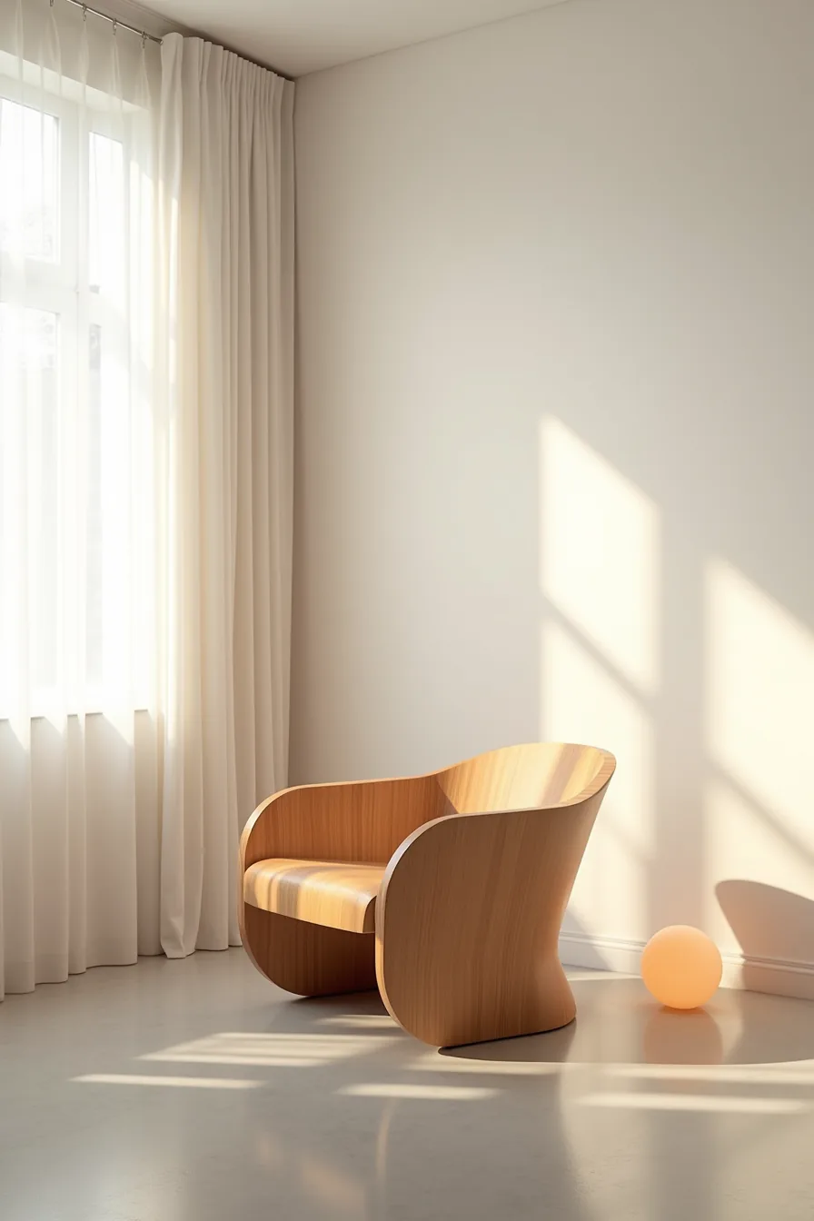 Curved sculptural wooden accent chair in a corner casting dramatic shadows on the wall above polished concrete.