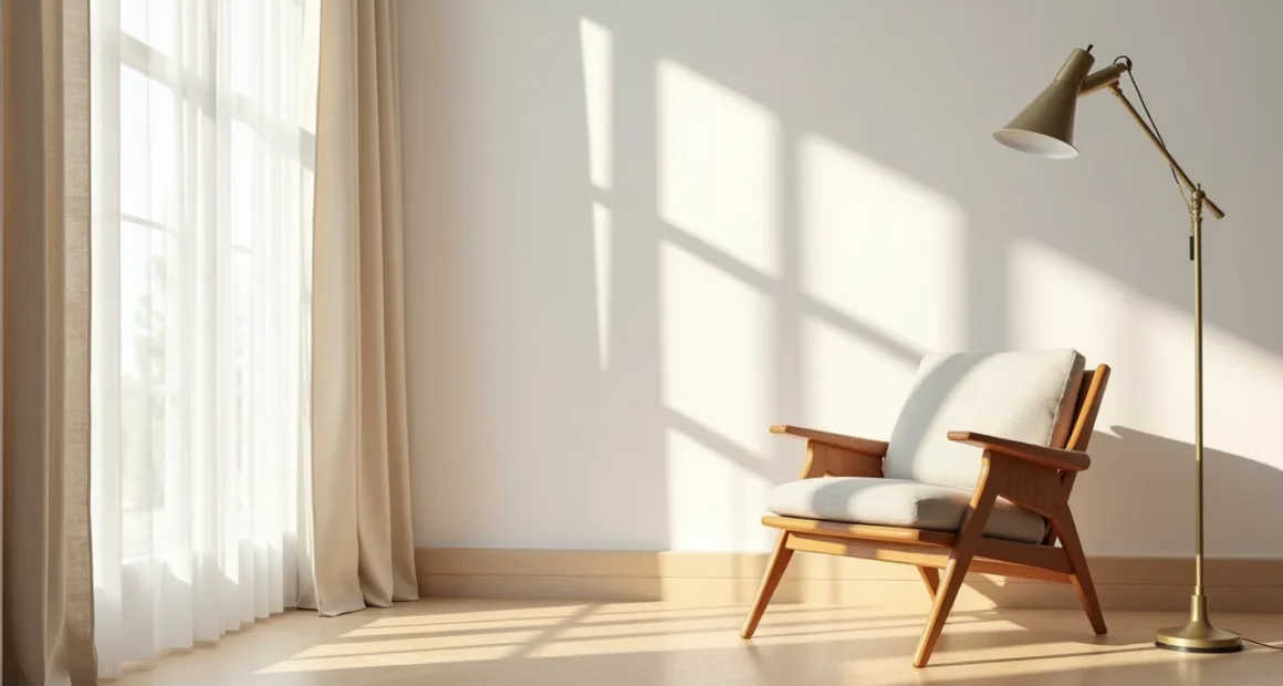 Teak wood accent chair with tapered legs casts sharp shadows on oak flooring against a linen wall.