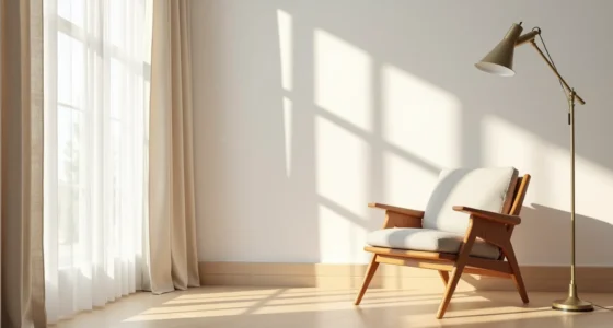 Teak wood accent chair with tapered legs casts sharp shadows on oak flooring against a linen wall.