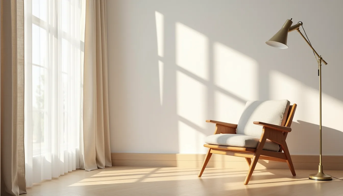 Teak wood accent chair with tapered legs casts sharp shadows on oak flooring against a linen wall.