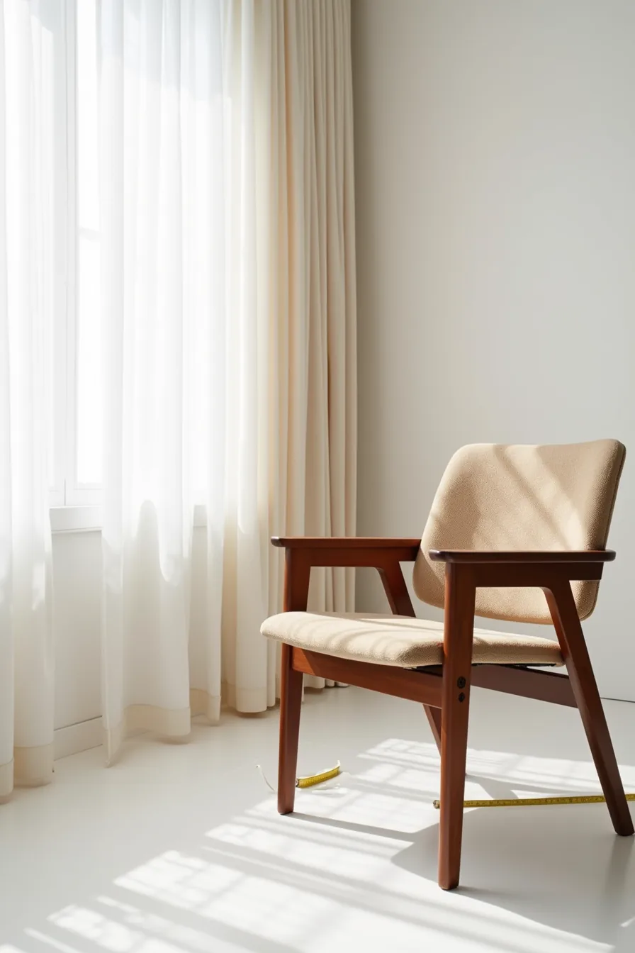 Walnut accent chair with splayed legs and exposed joinery shown next to a measurement tape for scale.