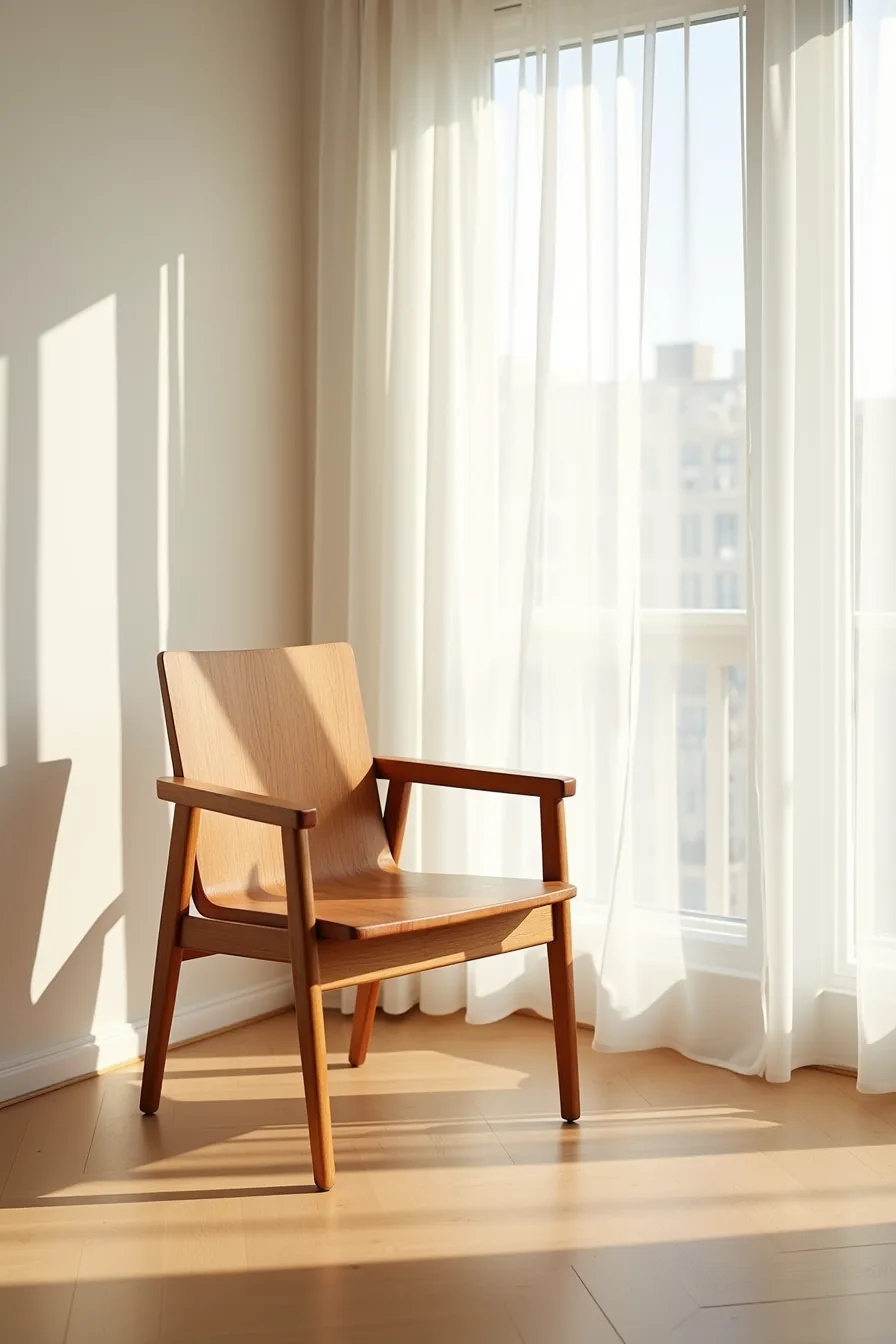 Premium wooden chair in soft natural light, showing rich wood grain patterns and a polished finish.
