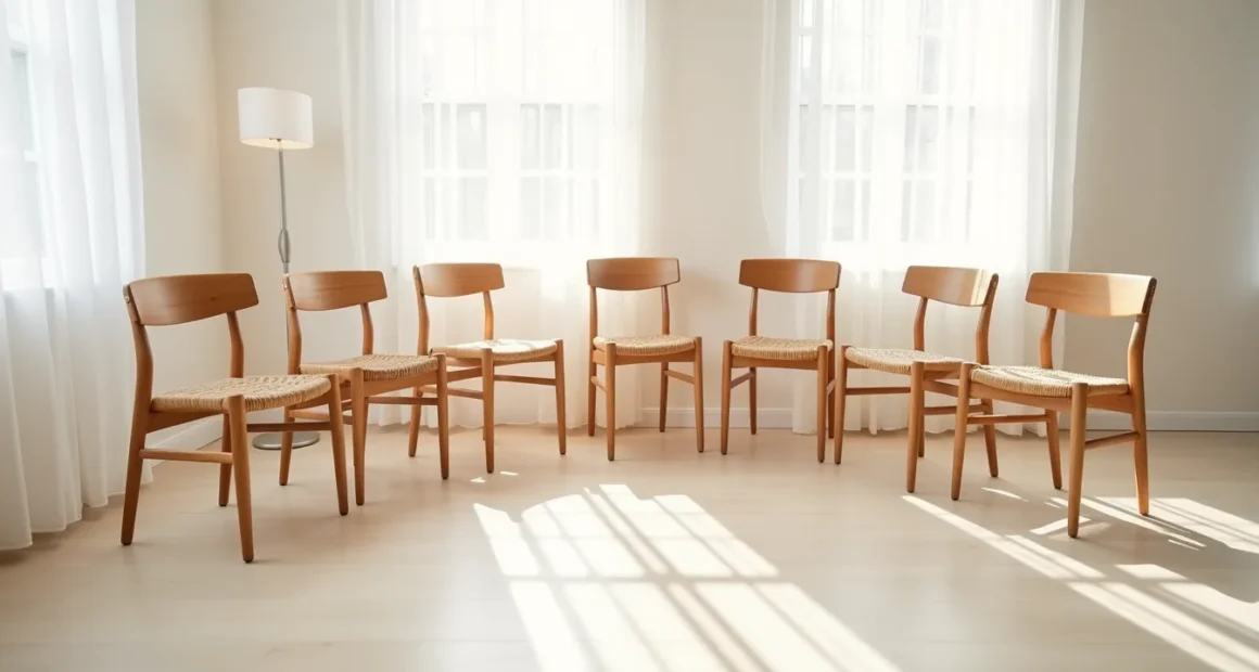 Six wooden chairs with different designs arranged in a circle on a neutral floor, each showing unique leg styles and back