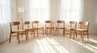 Six wooden chairs with different designs arranged in a circle on a neutral floor, each showing unique leg styles and back