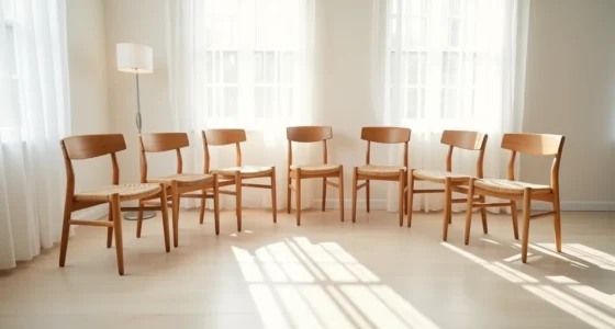 Six wooden chairs with different designs arranged in a circle on a neutral floor, each showing unique leg styles and back