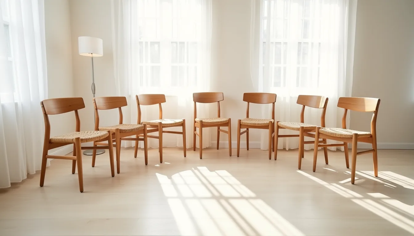 Six wooden chairs with different designs arranged in a circle on a neutral floor, each showing unique leg styles and back