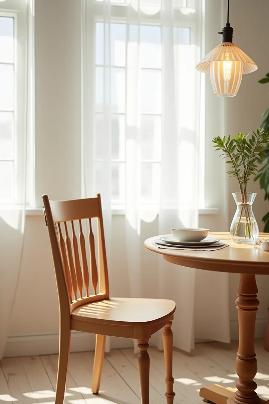 A wooden spindle-leg dining chair with vertical slat back sits at a round table with a place setting.