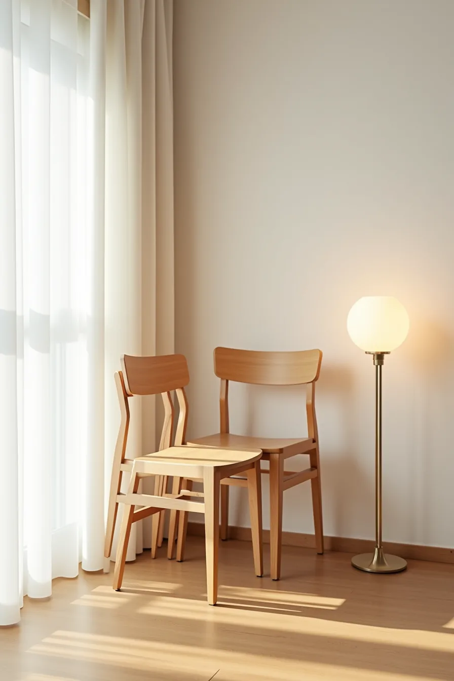Two lightweight wooden chairs with thin frames stacked together in a small corner.