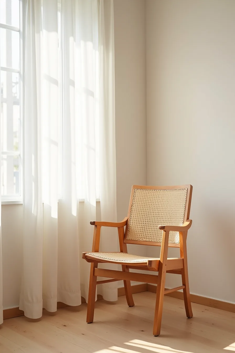 Wooden chair with woven rush seat positioned in a corner space, showing the textured woven material.