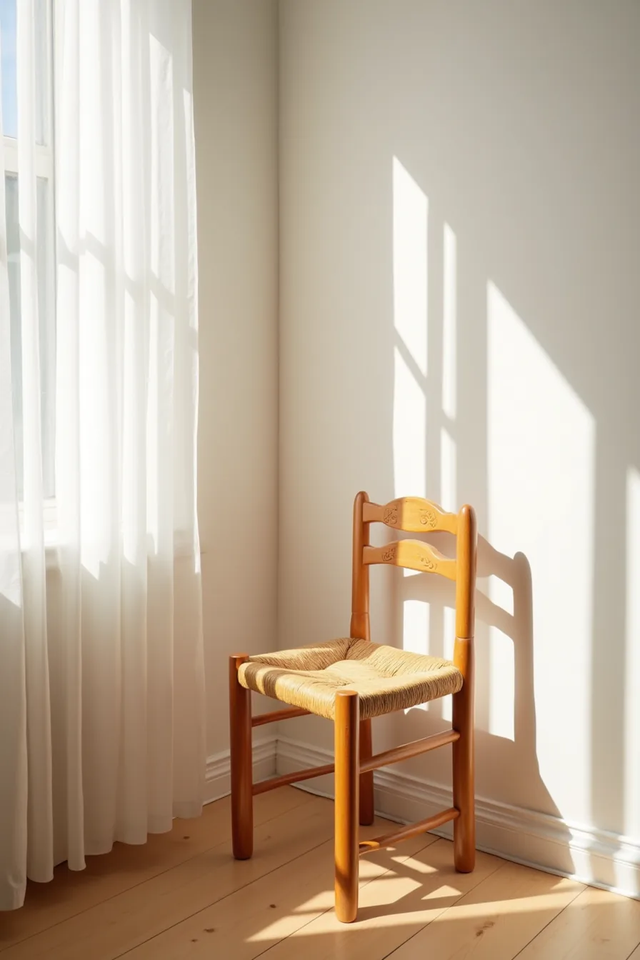 Honey-toned wooden chair with carved backrest and woven rush seat sits in a corner, its carved details casting shadows on