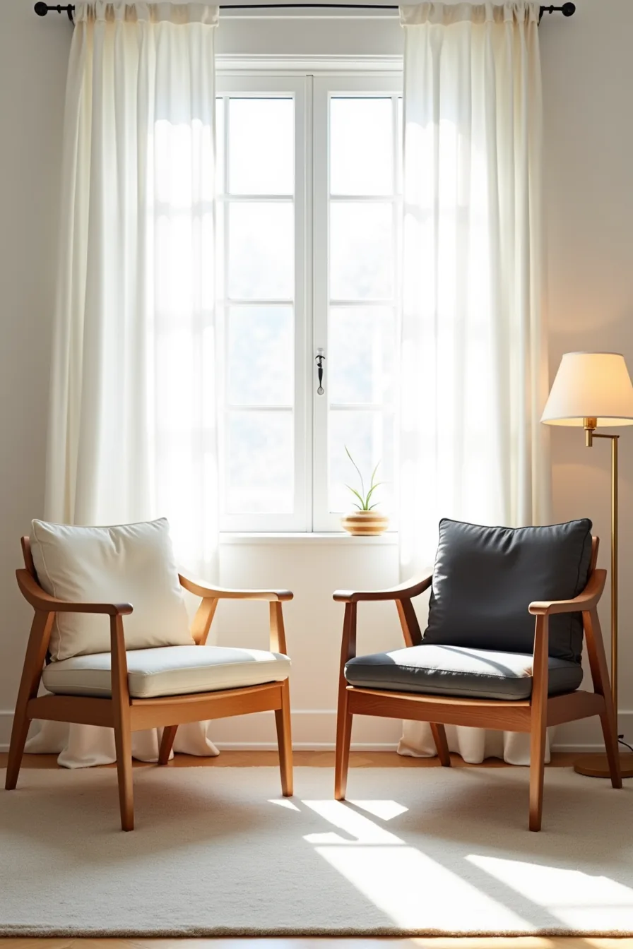 Light ash and dark walnut wooden chairs sit paired on a rug, facing a window that highlights the contrasting grain of each