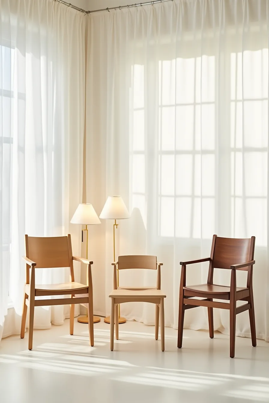 Three wooden chairs progress from flat-pack construction with visible dowels to solid pine rental-grade to premium walnut