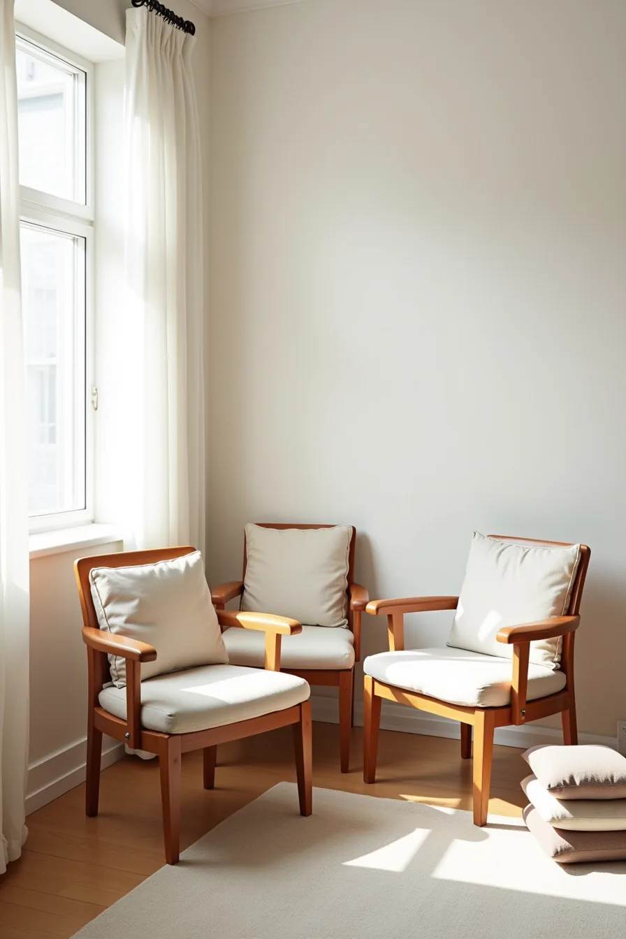 Three wooden accent chairs demonstrate seasonal repositioning with different cushion covers—light linen for summer near a