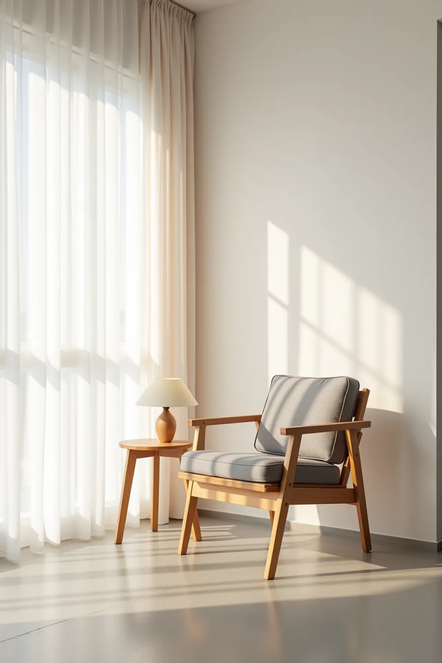 Ash-finished wooden chair with splayed legs and angled backrest sits 18 inches from a side table on polished concrete in a
