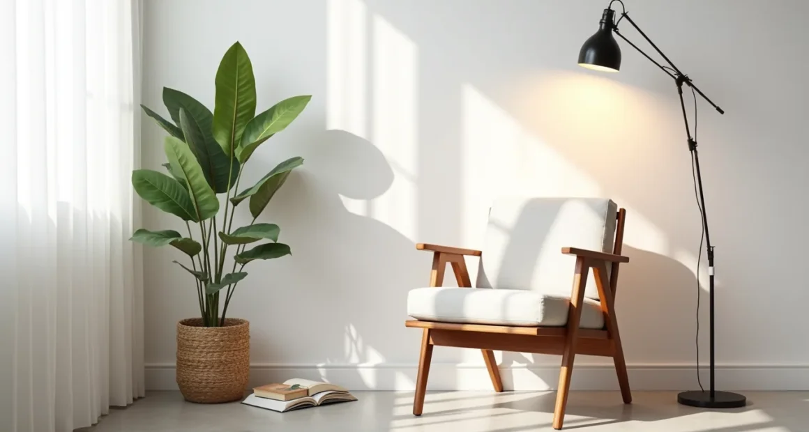 Wooden accent chair with tapered legs positioned in a corner next to a potted plant, with soft window light casting shadows