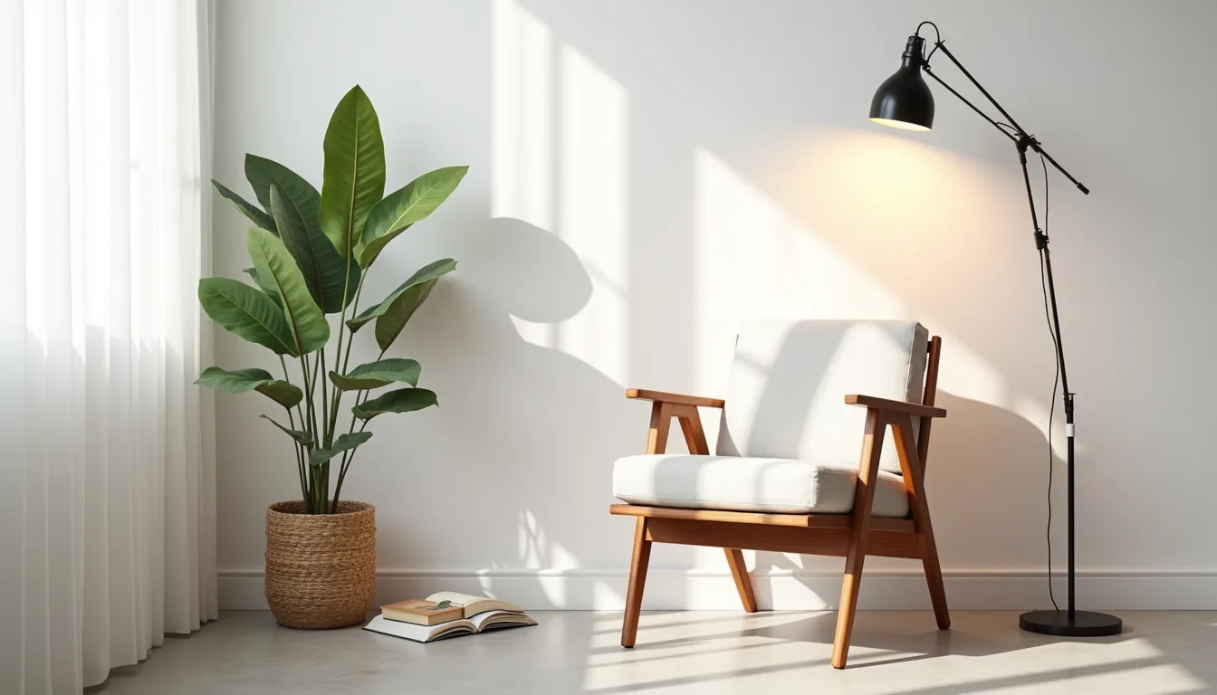 Wooden accent chair with tapered legs positioned in a corner next to a potted plant, with soft window light casting shadows